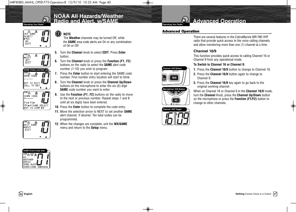 Product features, Advanced operation, Noaa all hazards/weather radio and alert, w/same | Cobra Electronics MR F80B-D User Manual | Page 24 / 45
