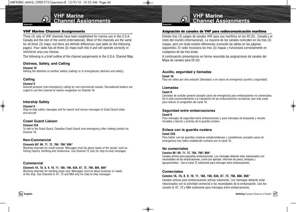 Vhf marine channel assignments | Cobra Electronics MR F80B-D User Manual | Page 37 / 45