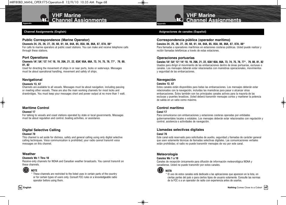 Vhf marine channel assignments | Cobra Electronics MR F80B-D User Manual | Page 38 / 45