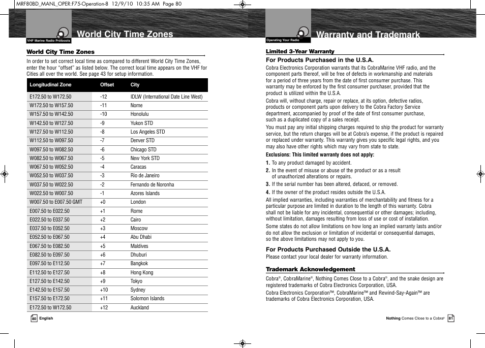 Warranty and trademark, World city time zones | Cobra Electronics MR F80B-D User Manual | Page 44 / 45