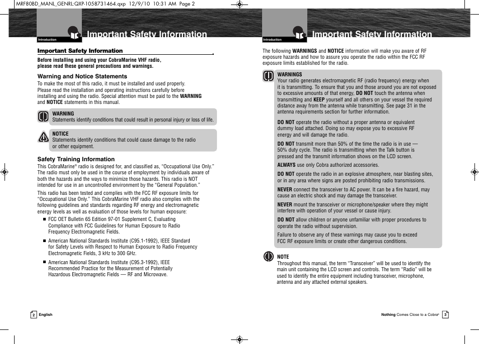 Important safety information | Cobra Electronics MR F80B-D User Manual | Page 5 / 45