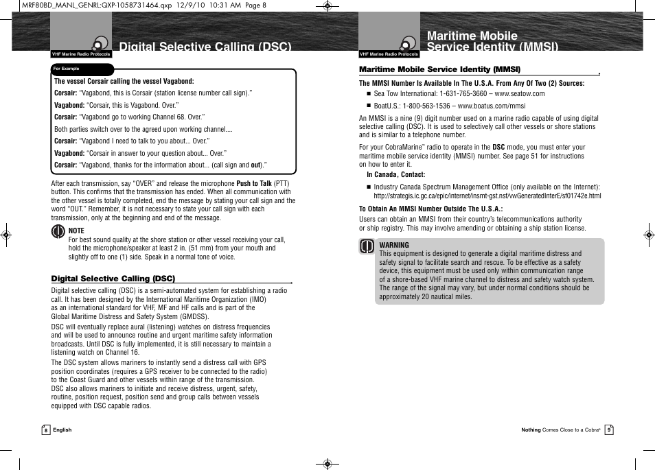 Maritime mobile service identity (mmsi), Digital selective calling (dsc) | Cobra Electronics MR F80B-D User Manual | Page 8 / 45