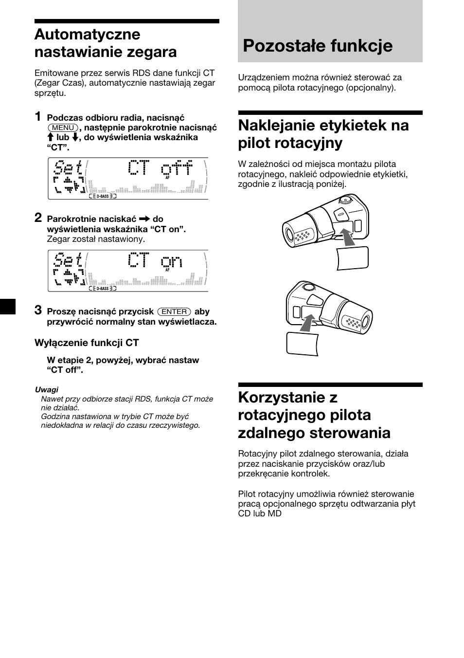 Pozostałe funkcje, 20 automatyczne nastawianie zegara, Naklejanie etykietek na pilot rotacyjny | Sony XR-M510 User Manual | Page 104 / 212