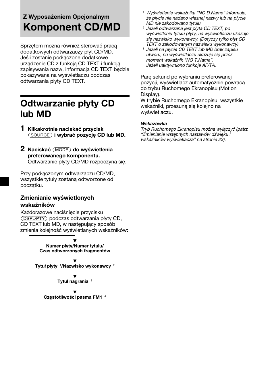 Komponent cd/md, Odtwarzanie płyty cd lub md, Z wyposażeniem opcjonalnym | Zmienianie wyświetlonych wskaźników | Sony XR-M510 User Manual | Page 110 / 212