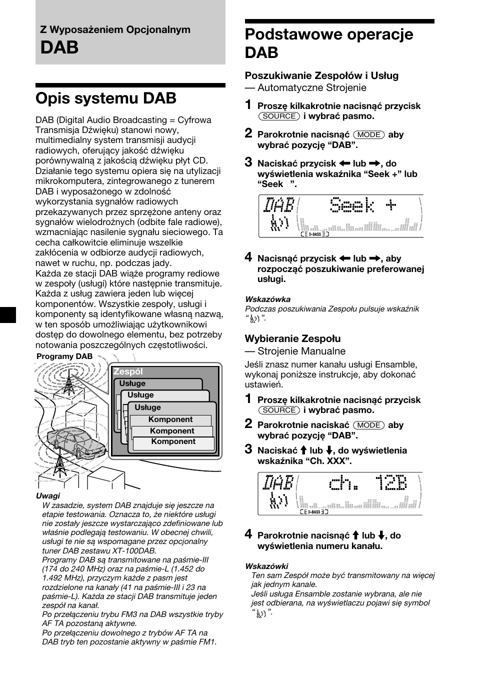 Opis systemu dab, Podstawowe operacje dab | Sony XR-M510 User Manual | Page 116 / 212