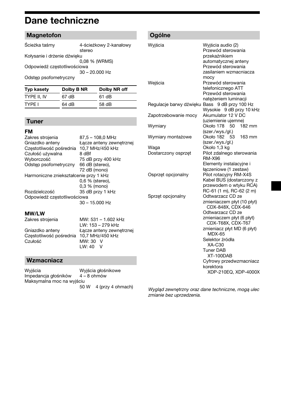 39 dane techniczne, Magnetofon, Tuner | Wzmacniacz, Ogólne | Sony XR-M510 User Manual | Page 123 / 212