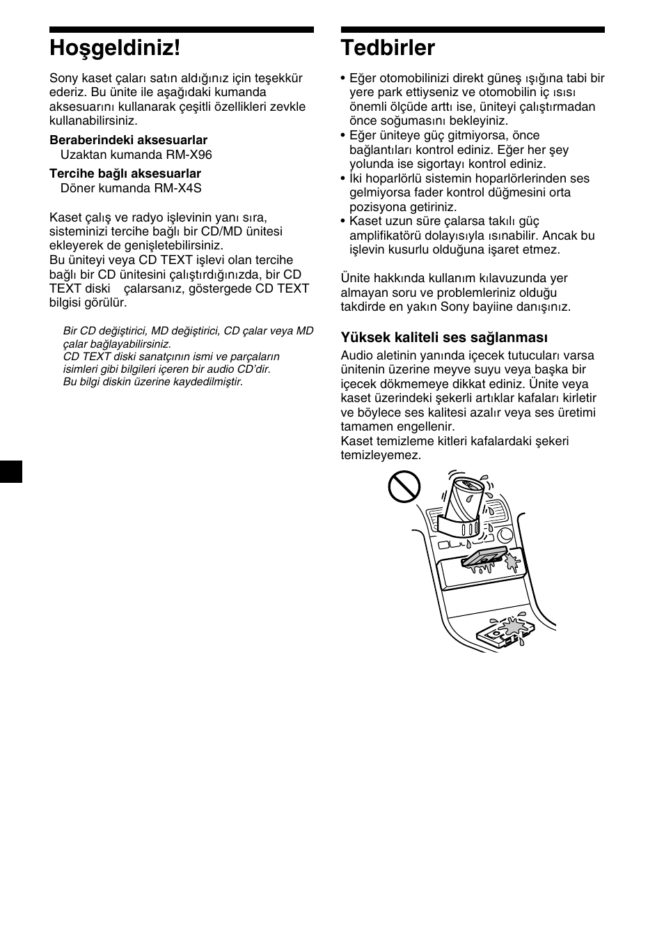 2hoşgeldiniz, Tedbirler | Sony XR-M510 User Manual | Page 128 / 212