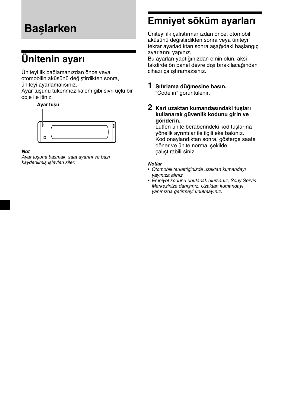 Başlarken, Ünitenin ayarı, Emniyet söküm ayarları | Sony XR-M510 User Manual | Page 134 / 212