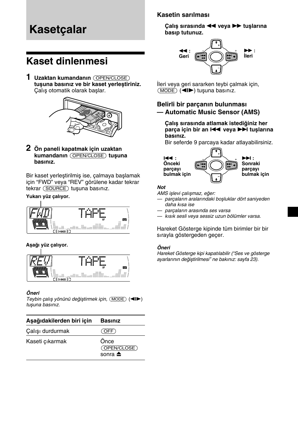 Kasetçalar, Kaset dinlenmesi, Kasetin sarılması | Sony XR-M510 User Manual | Page 137 / 212