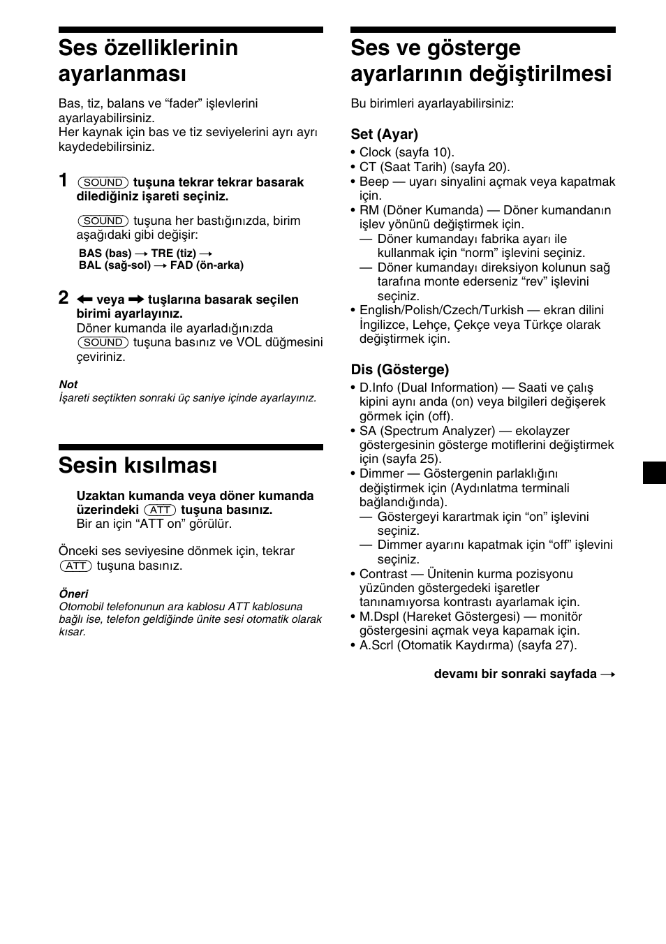 23 ses özelliklerinin ayarlanması, Sesin kısılması, Ses ve gösterge ayarlarının değiştirilmesi | Sony XR-M510 User Manual | Page 149 / 212