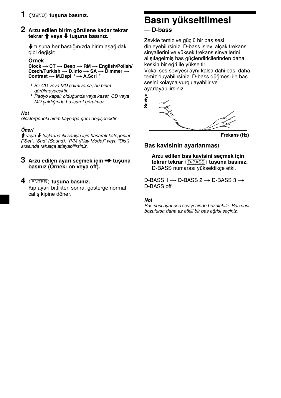 Basın yükseltilmesi, D-bass, Bas kavisinin ayarlanması | Sony XR-M510 User Manual | Page 150 / 212