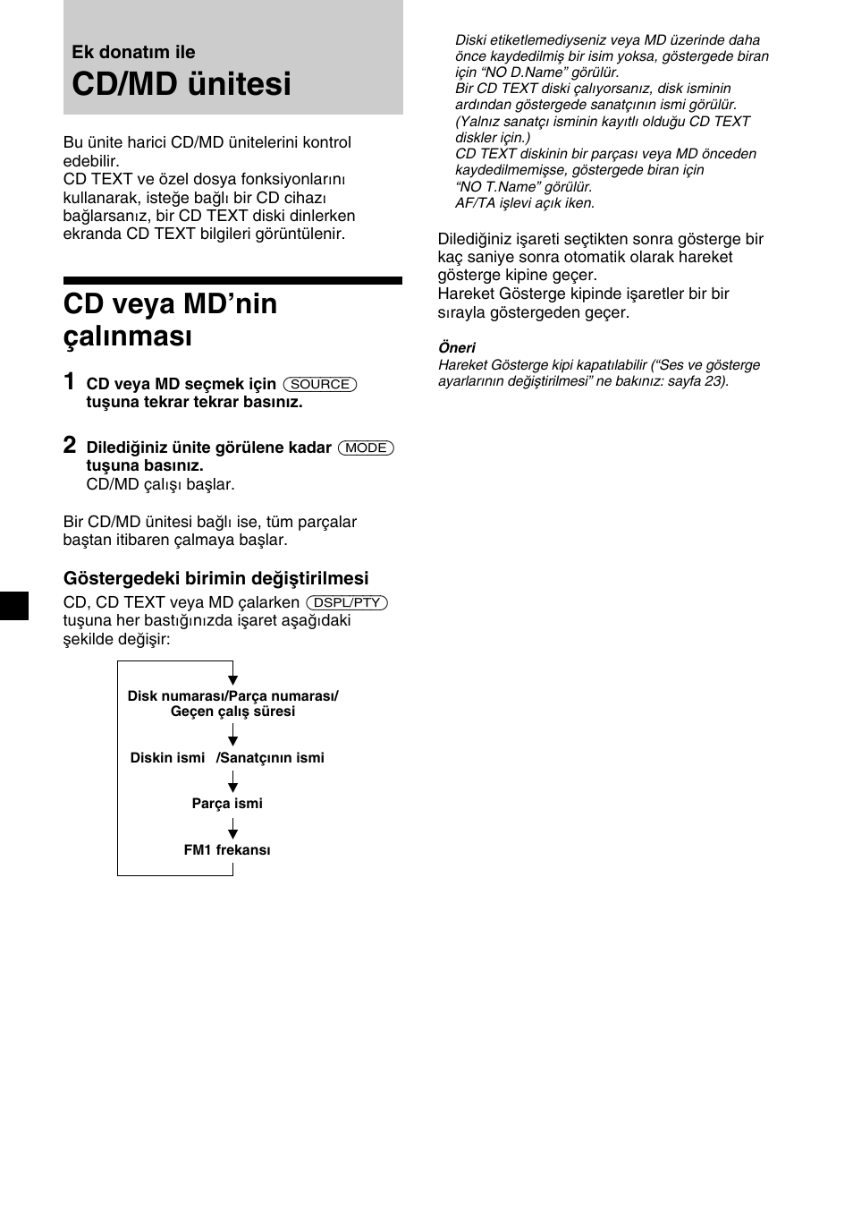 Cd/md ünitesi, Cd veya md’nin çalınması, Ek donatım ile | Göstergedeki birimin değiştirilmesi | Sony XR-M510 User Manual | Page 152 / 212