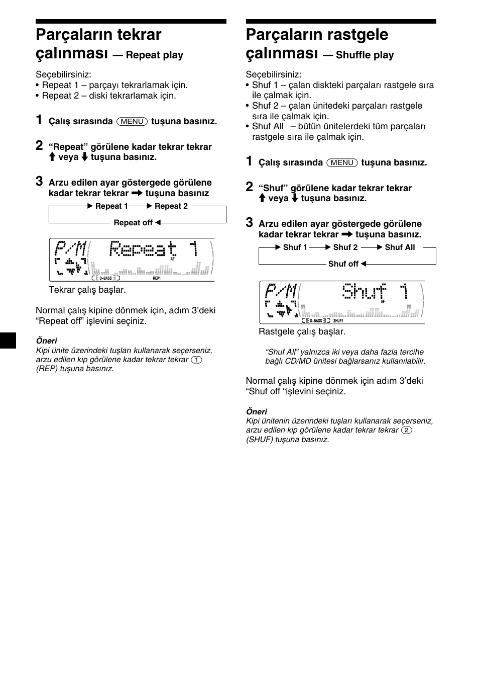 28 parçaların tekrar çalınması, Parçaların rastgele çalınması | Sony XR-M510 User Manual | Page 154 / 212