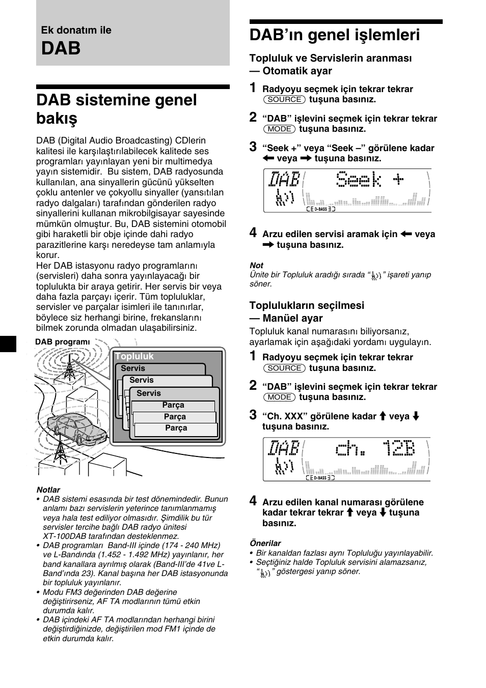 Dab sistemine genel bakış, Dab’ın genel işlemleri | Sony XR-M510 User Manual | Page 158 / 212