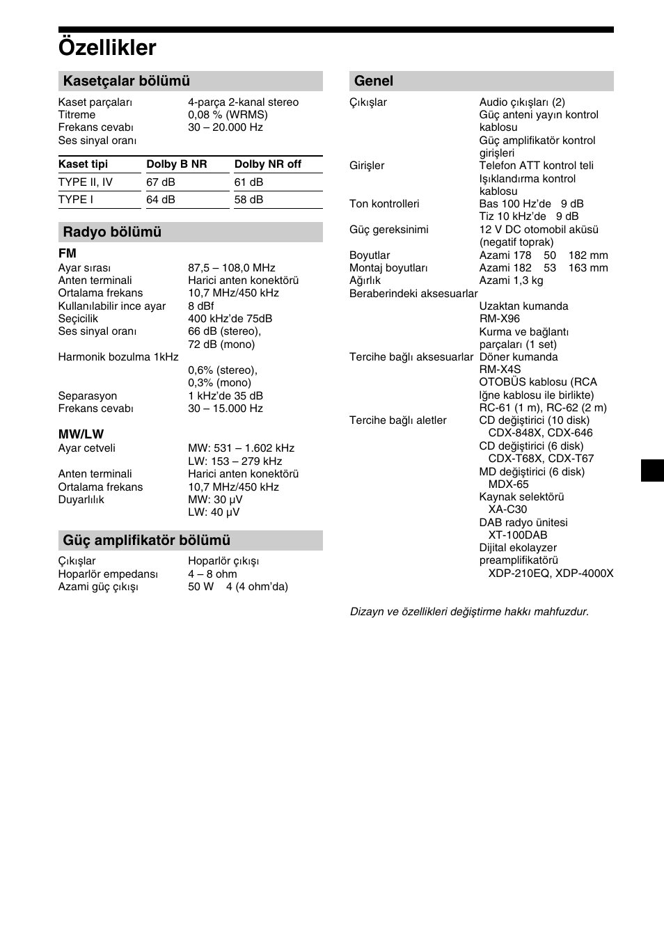 39 özellikler, Genel, Kasetçalar bölümü | Radyo bölümü, Güç amplifikatör bölümü | Sony XR-M510 User Manual | Page 165 / 212