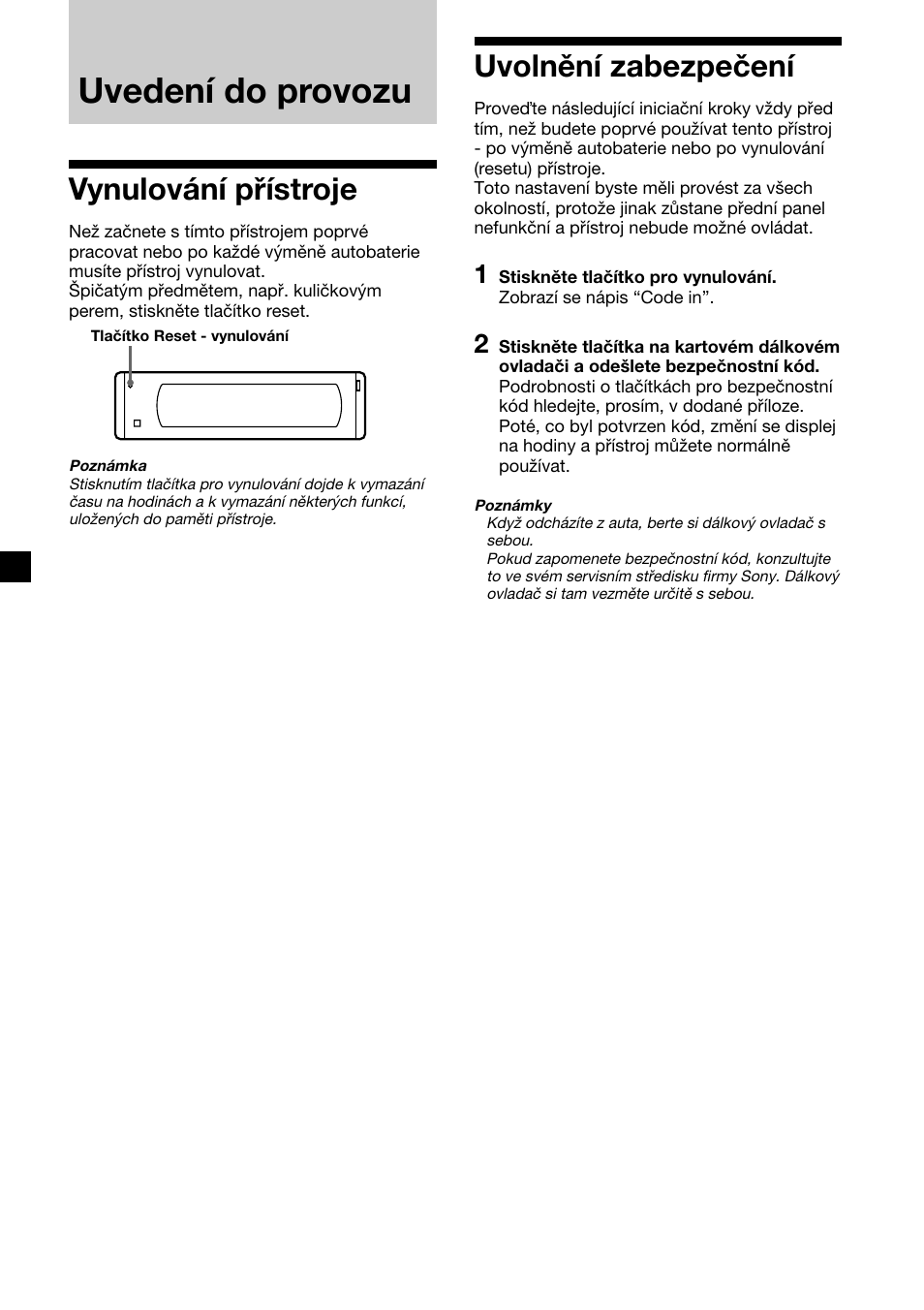 Uvedení do provozu, Vynulování přístroje, Uvolnění zabezpečení | Sony XR-M510 User Manual | Page 50 / 212