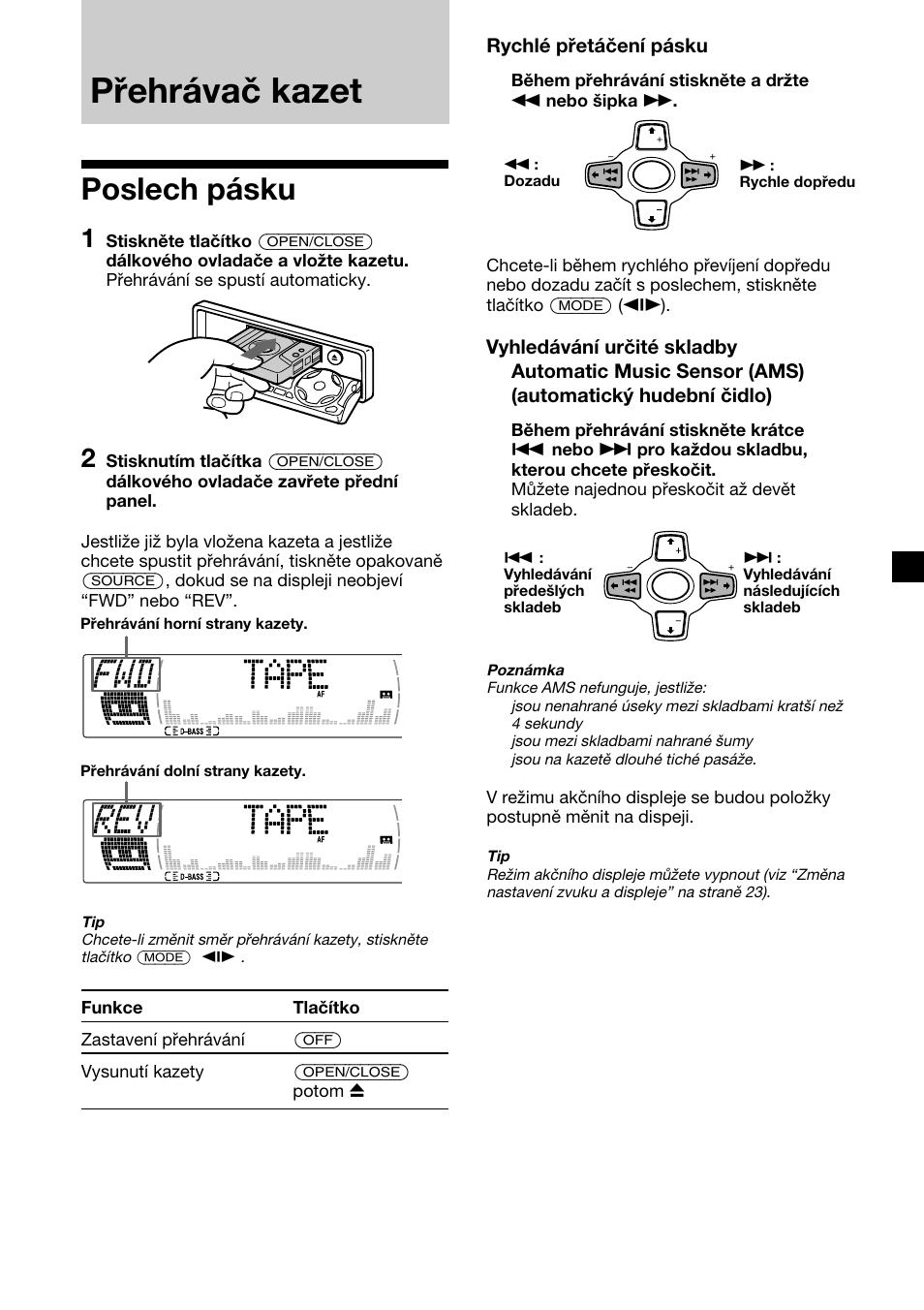 Přehrávač kazet, Poslech pásku, Rychlé přetáčení pásku | Sony XR-M510 User Manual | Page 53 / 212