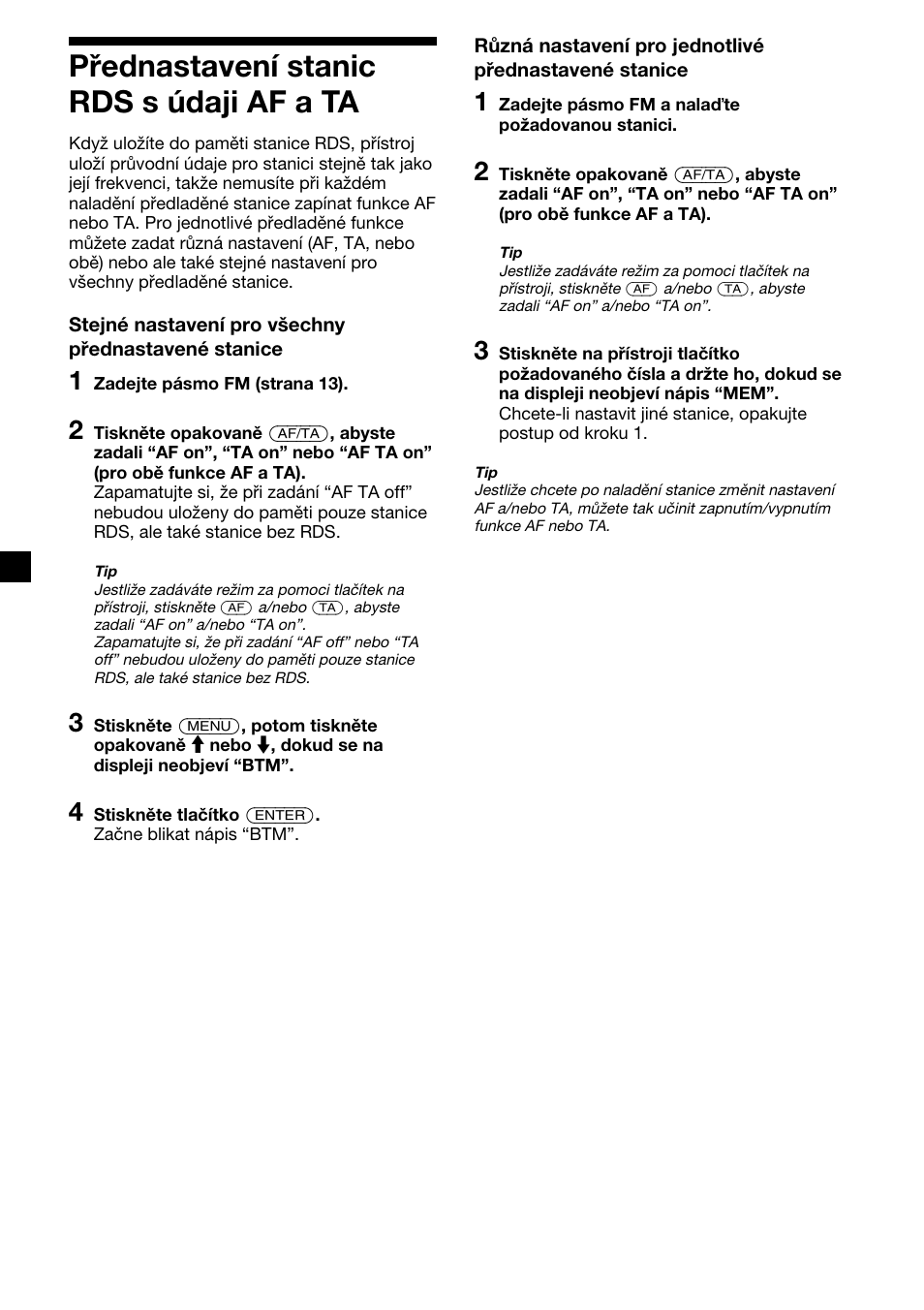 18 přednastavení stanic rds s údaji af a ta | Sony XR-M510 User Manual | Page 60 / 212