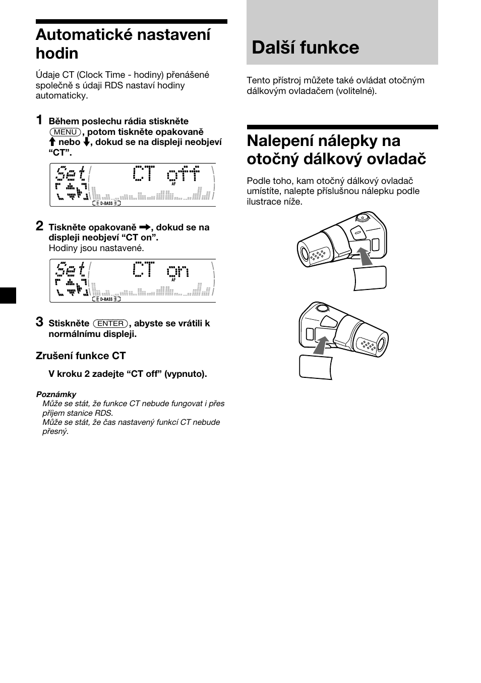 Další funkce, 20 automatické nastavení hodin, Nalepení nálepky na otočný dálkový ovladač | Sony XR-M510 User Manual | Page 62 / 212