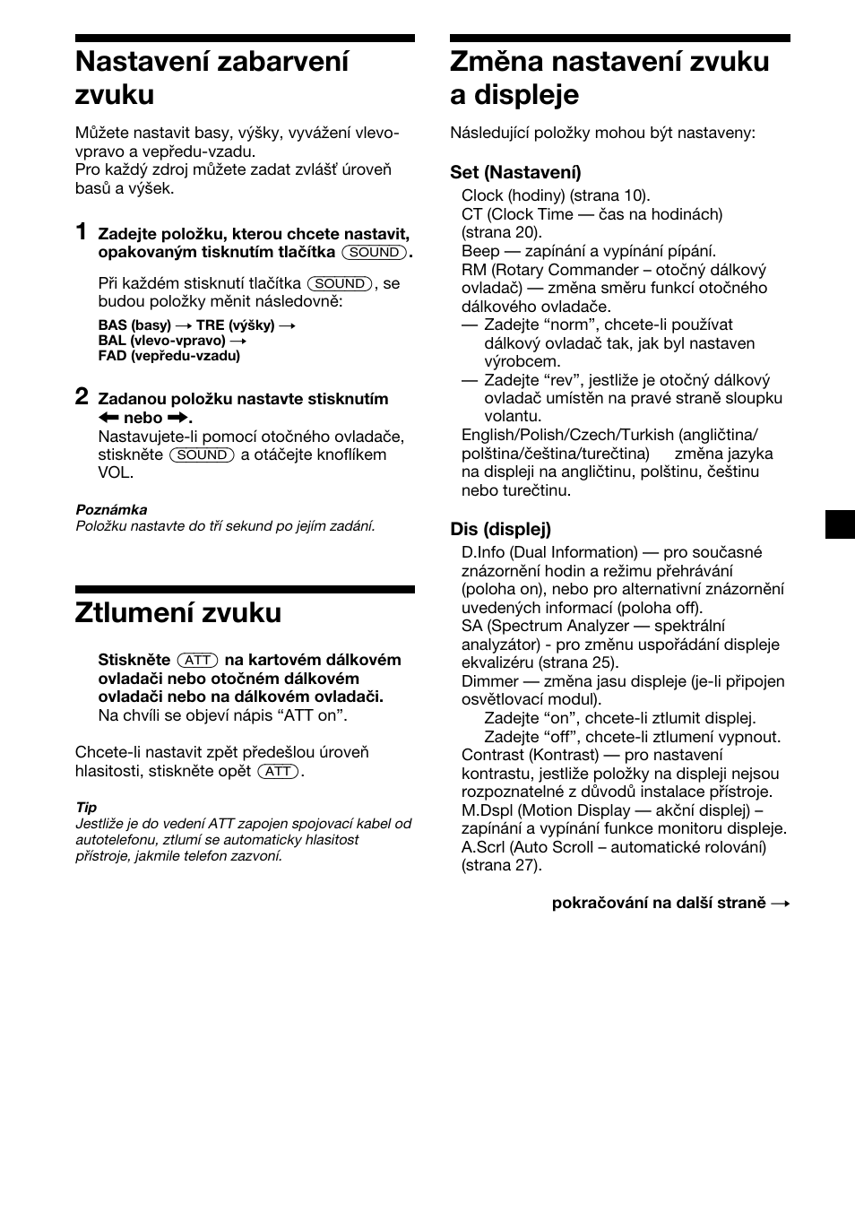 23 změna nastavení zvuku a displeje, Nastavení zabarvení zvuku, Ztlumení zvuku | Sony XR-M510 User Manual | Page 65 / 212