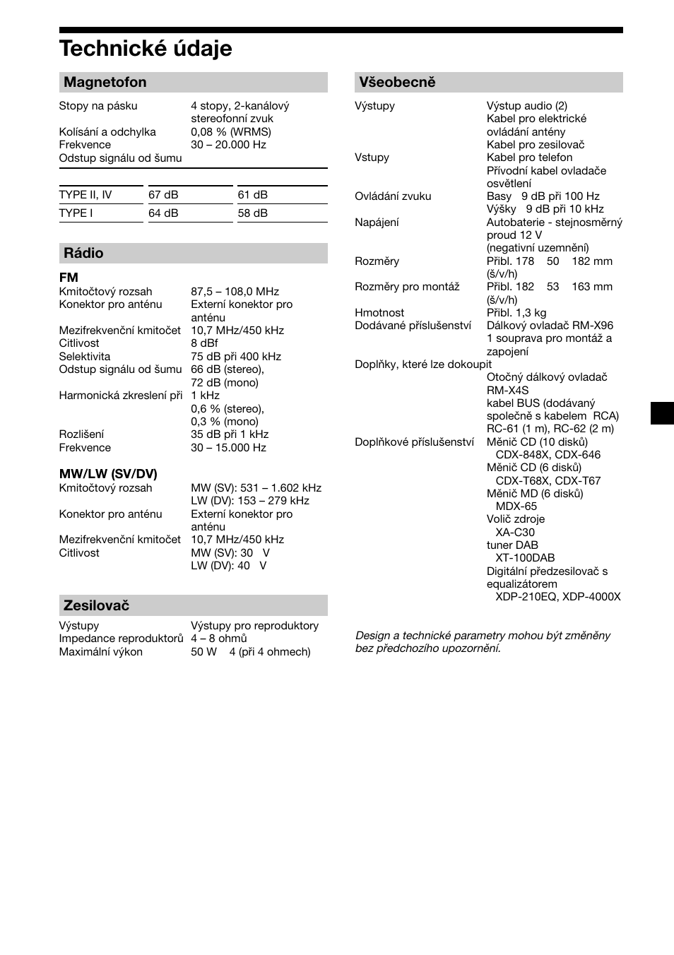 39 technické údaje, Magnetofon, Rádio | Zesilovač, Všeobecně | Sony XR-M510 User Manual | Page 81 / 212