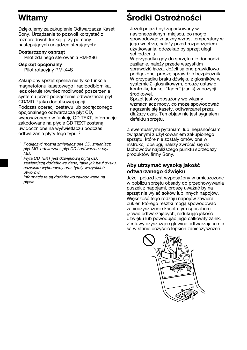 Witamy środki ostrożności | Sony XR-M510 User Manual | Page 86 / 212