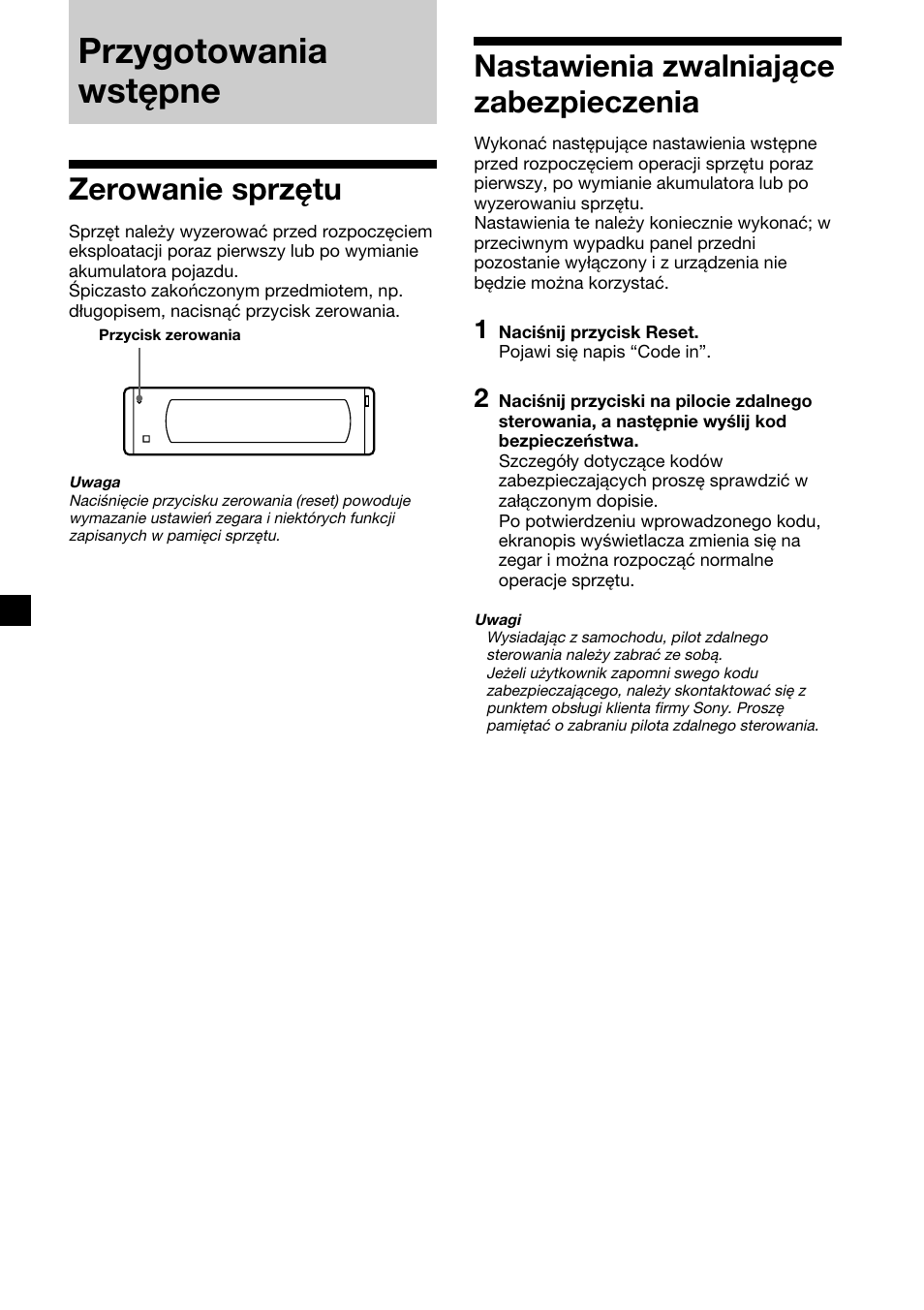 Przygotowania wstępne, Zerowanie sprzętu, Nastawienia zwalniające zabezpieczenia | Sony XR-M510 User Manual | Page 92 / 212