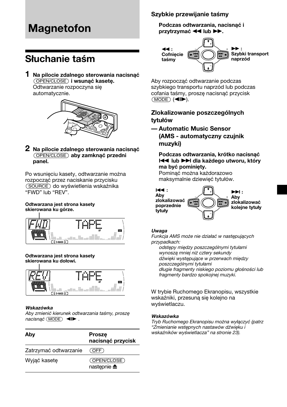 Magnetofon, Słuchanie taśm, Szybkie przewijanie taśmy | Sony XR-M510 User Manual | Page 95 / 212