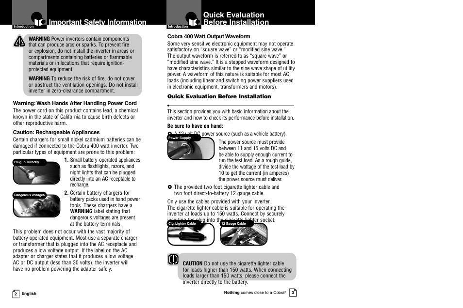 Important safety information, Quick evaluation before installation | Cobra Electronics CPI 450 User Manual | Page 4 / 11