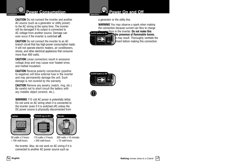Power on and off, Power consumption | Cobra Electronics CPI 450 User Manual | Page 8 / 11