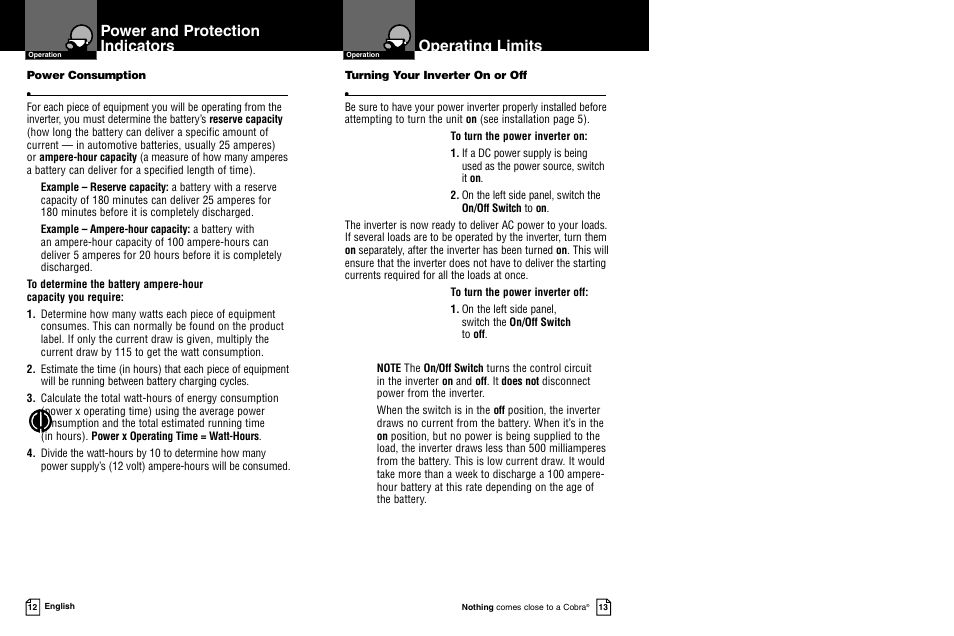Power and protection indicators, Operating limits | Cobra Electronics CPI 450 User Manual | Page 9 / 11