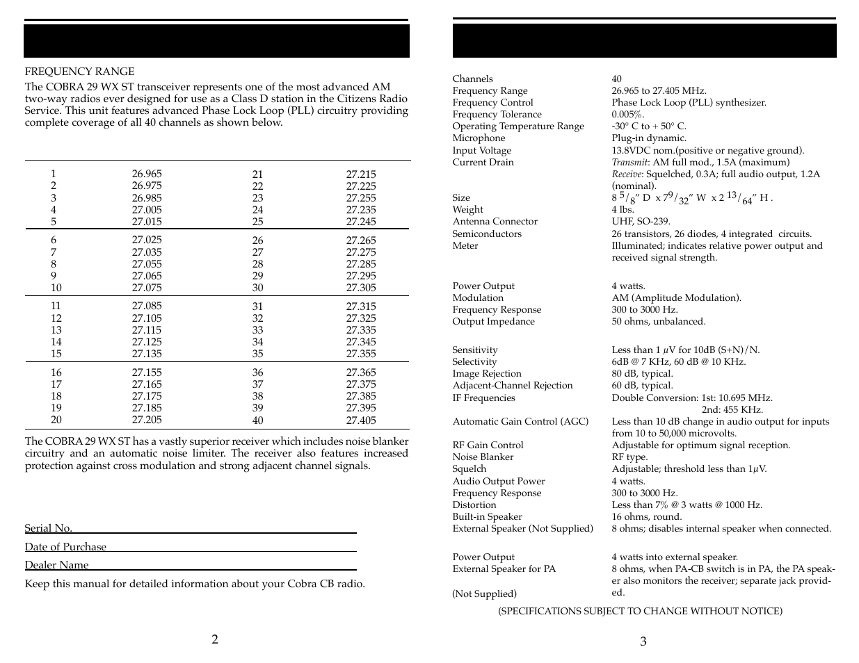 Specifications (cont.), Specifications | Cobra Electronics 29 WX ST User Manual | Page 3 / 11