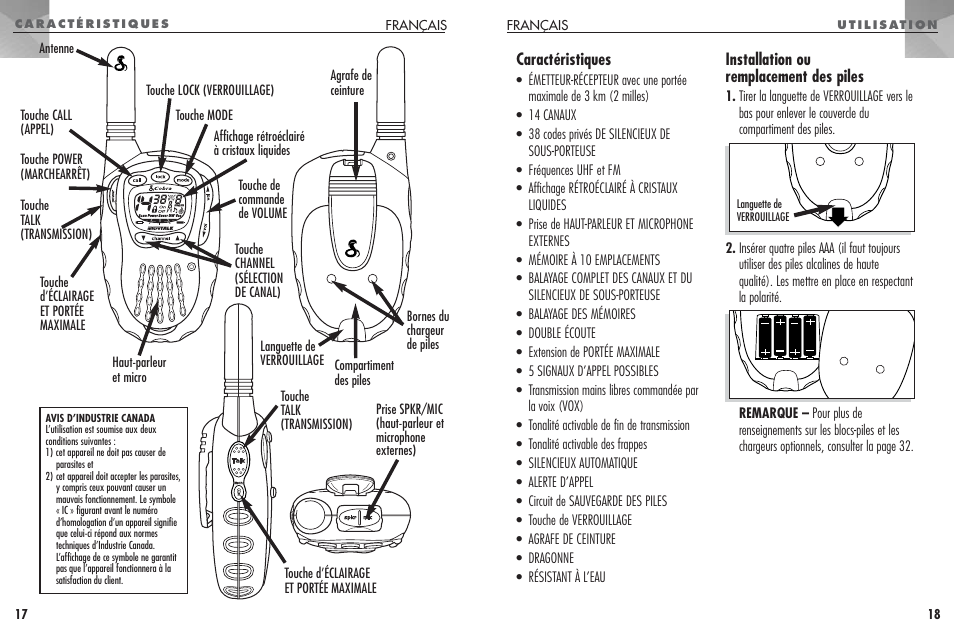 Caractéristiques, Installation ou remplacement des piles | Cobra Electronics FRS307 User Manual | Page 10 / 25