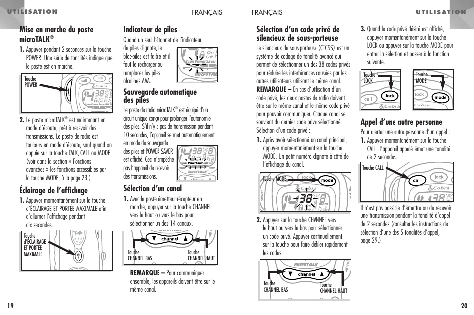 Appel d’une autre personne, Mise en marche du poste microtalk, Éclairage de l’affichage | Indicateur de piles, Sauvegarde automatique des piles, Sélection d’un canal | Cobra Electronics FRS307 User Manual | Page 11 / 25