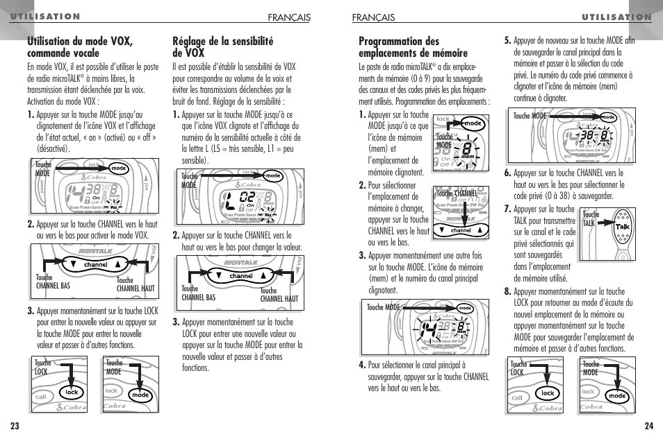 Programmation des emplacements de mémoire, Utilisation du mode vox, commande vocale, Réglage de la sensibilité de vox | Cobra Electronics FRS307 User Manual | Page 13 / 25