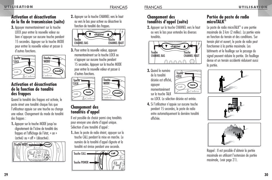 Changement des tonalités d’appel (suite), Portée du poste de radio microtalk, Changement des tonalités d’appel | Cobra Electronics FRS307 User Manual | Page 16 / 25