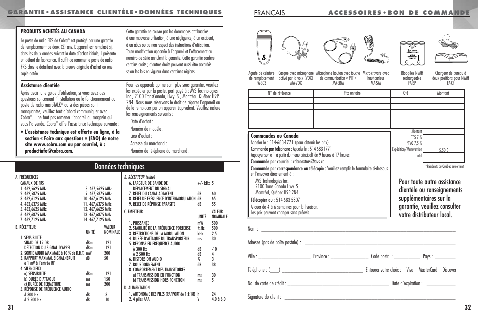 Données techniques, Français 32 | Cobra Electronics FRS307 User Manual | Page 17 / 25