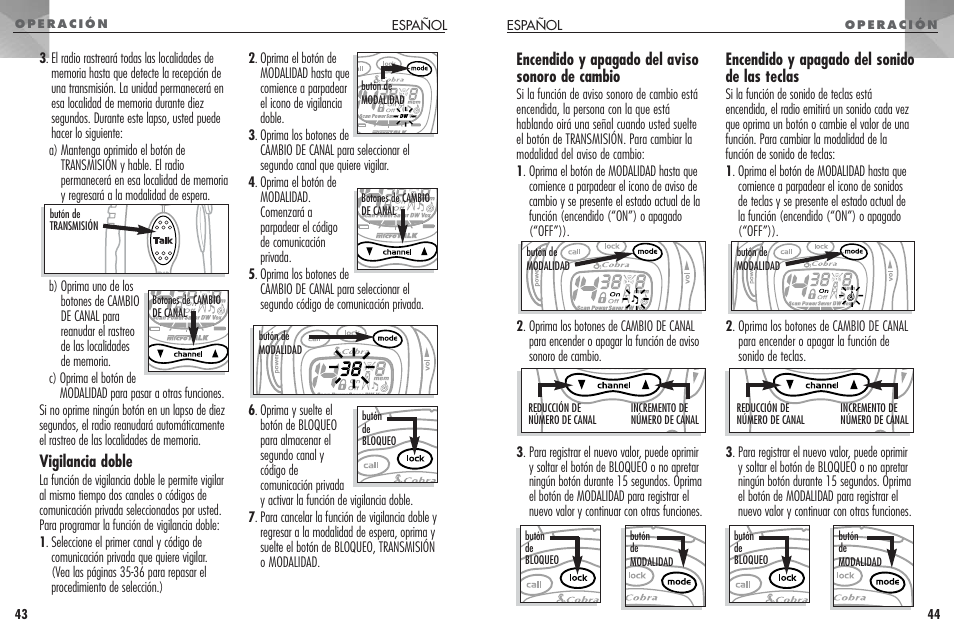 Encendido y apagado del aviso sonoro de cambio, Encendido y apagado del sonido de las teclas, Vigilancia doble | Cobra Electronics FRS307 User Manual | Page 23 / 25