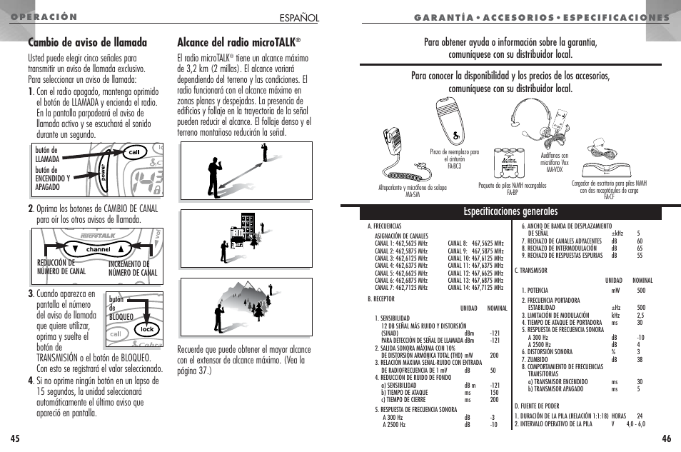 Cambio de aviso de llamada, Alcance del radio microtalk, Especificaciones generales | El radio microtalk | Cobra Electronics FRS307 User Manual | Page 24 / 25