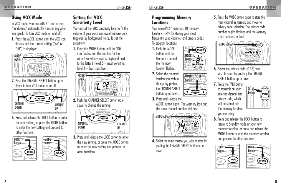 Using vox mode, Setting the vox sensitivity level | Cobra Electronics FRS307 User Manual | Page 5 / 25
