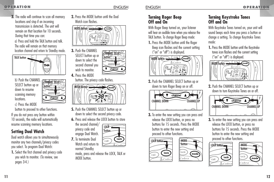 Turning roger beep off and on, Turning keystroke tones off and on, Setting dual watch | Cobra Electronics FRS307 User Manual | Page 7 / 25