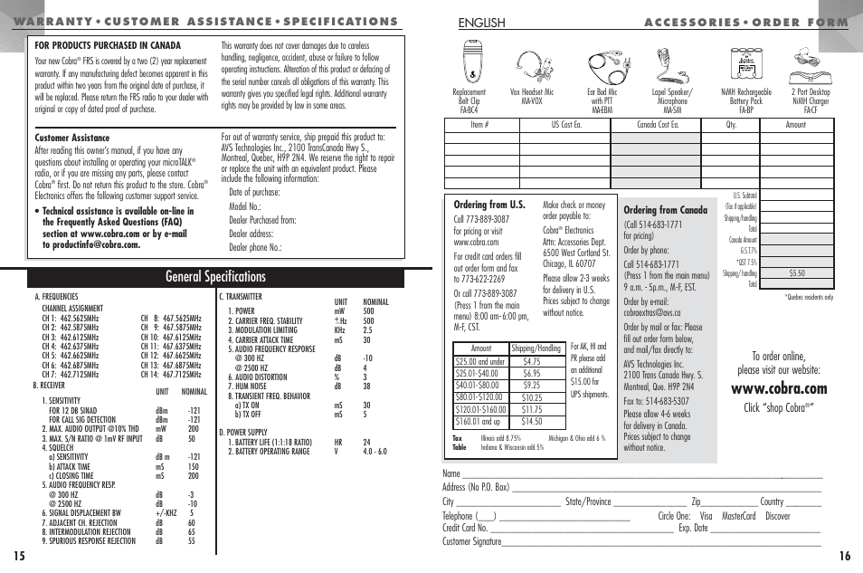 General specifications, English 16 15, Click “shop cobra | Cobra Electronics FRS307 User Manual | Page 9 / 25