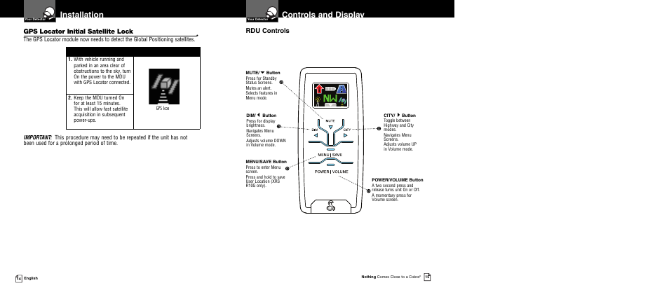 Installation, Controls and display, Gps locator initial satellite lock | Rdu controls | Cobra Electronics XRS R10G User Manual | Page 10 / 25