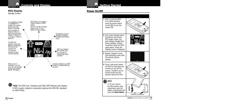 Controls and display, Getting started, Rdu display | Power on/off | Cobra Electronics XRS R10G User Manual | Page 11 / 25