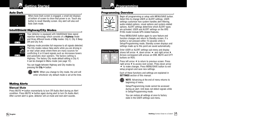 Getting started, Programming | Cobra Electronics XRS R10G User Manual | Page 13 / 25