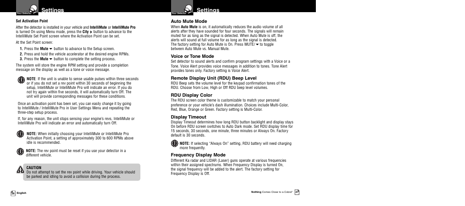 Settings | Cobra Electronics XRS R10G User Manual | Page 16 / 25