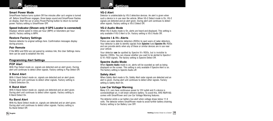 Settings | Cobra Electronics XRS R10G User Manual | Page 17 / 25