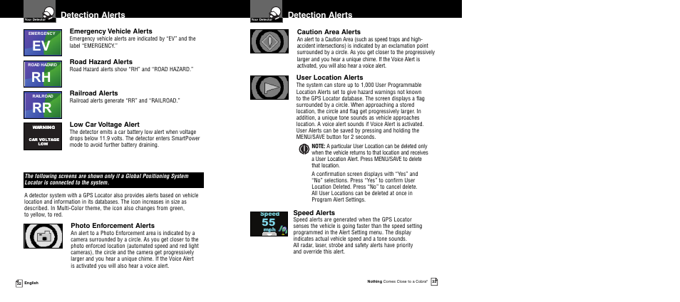 Detection alerts | Cobra Electronics XRS R10G User Manual | Page 19 / 25