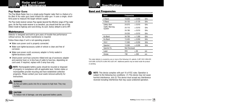 Radar and laser and maintenance, Specifications, Band and frequencies | Maintenance, Pop radar guns | Cobra Electronics XRS R10G User Manual | Page 22 / 25