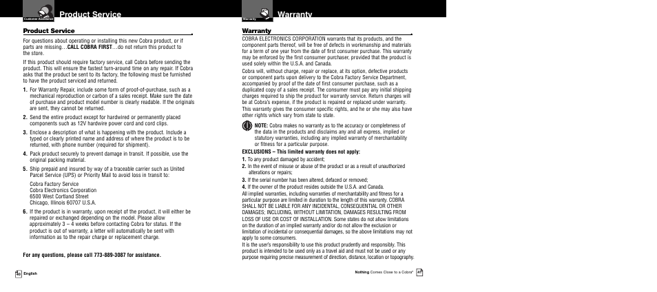 Warranty, Product service | Cobra Electronics XRS R10G User Manual | Page 23 / 25